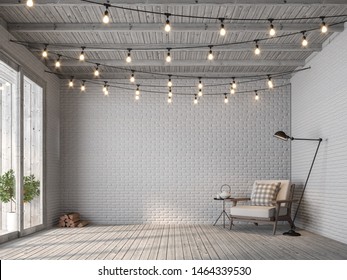 Scandinavian Loft Style Living Room 3d Render,There Are Old Wood Floor And White Brick Wall, Decorated With White Fabric Chair, Decorated With String Lights On The Ceiling Seem Prepared For A Party.