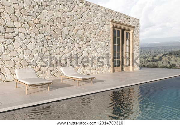Scandinavian modern design outdoor terrace with\
chaise lounge and swimming pool. Mock up wall background. 3d render\
illustration farmhouse\
style.