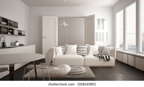 Scandinavian modern living room with kitchen, dining table, sofa and rug with pillows, minimalist white and gray architecture interior design, 3d illustration - Shutterstock ID 1058545892