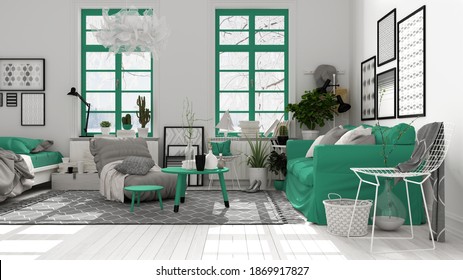 Scandinavian open space in white and turquoise tones, living room with sofa, coffee tables, armchair, pillows, carpet, decors and potted plants, parquet floor, modern interior design, 3d illustration