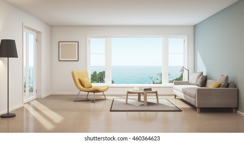 Scandinavian sea view living room in luxury house- 3D rendering