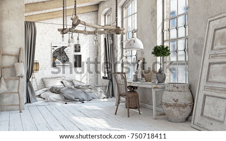 Scandinavian style interior. Bedroom attic. 3d rendering Imagine de stoc © 