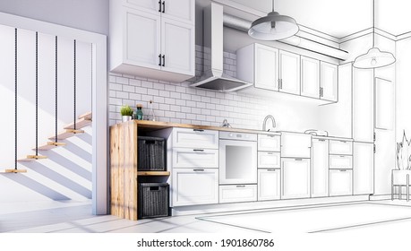 Scandinavian style kitchen sketch project and realization - 3d rendering