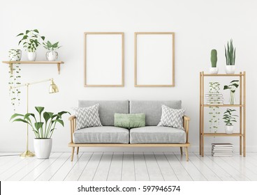 Scandinavian style poster mock up with two vertical frames, sofa and green plants on white wall background. 3d rendering. 