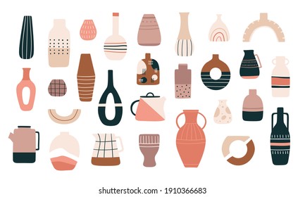Scandinavian vases. Ceramic jugs, pots and teapots in minimalistic trendy style. Decorative pitcher, antique pottery cup and vase  set. Illustration traditional pitcher, vase ceramic and pottery