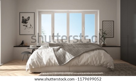 Scandinavian White Gray Minimalist  Bedroom  Panoramic Stock 