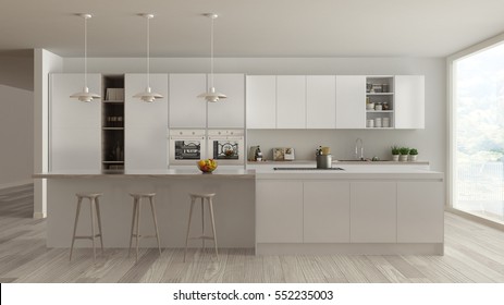 Scandinavian white kitchen with wooden and white details, minimalistic interior design, 3d illustration