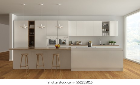 Scandinavian White Kitchen With Wooden And White Details, Minimalistic Interior Design, 3d Illustration