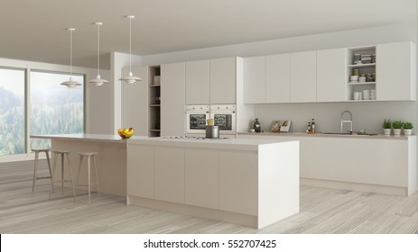 Scandinavian White Kitchen With Wooden And White Details, Minimalistic Interior Design, 3d Illustration