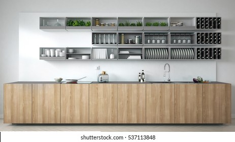 Scandinavian White Kitchen With Wooden And Gray Details, Minimalistic Interior Design, 3d Illustration