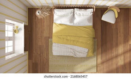 Scandinavian Wooden Bedroom In White And Yellow Tones, Double Bed With Pillows, Duvet And Blanket, Striped Wallpaper, Window And Parquet. Top View, Plan, Above. Modern Interior Design, 3d Illustration