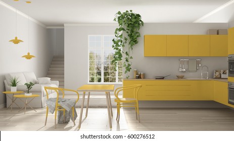 Scandinavian Yellow Minimalist Living With Kitchen, Open Space, One Room Apartment, Modern Interior Design, 3d Illustration, 3d Illustration