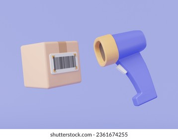 Scanning Barcode with parcel box. Warehouse management system, Product identification. Account of goods. label barcode, barcode reader, delivery box. 3d icon minimal render illustration