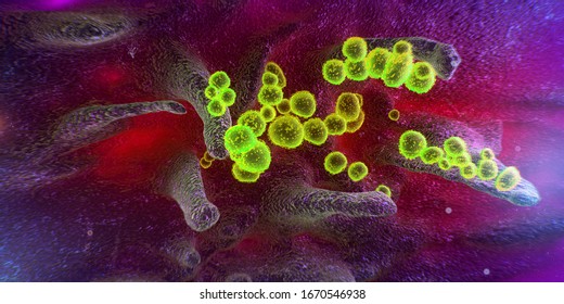 Scanning electron microscope image shows SARS-CoV-2, 2019-nCoV, the deadly virus that causes COVID-19 emerging from the surface of cells cultured in the lab, 3d render
