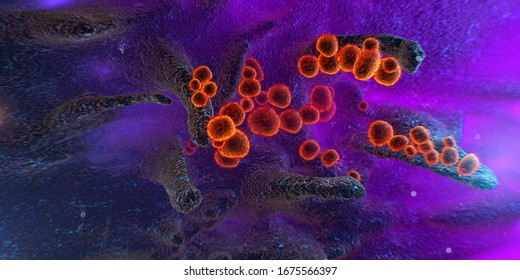 Scanning Electron Microscope Image Shows SARS-CoV-2, 2019-nCoV, The Deadly Virus That Causes COVID-19 Emerging From The Surface Of Cells Cultured In The Lab, 3d Render
