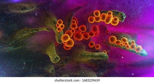 Scanning Electron Microscope Image Shows SARS-CoV-2, 2019-nCoV, The Deadly Virus That Causes COVID-19 Emerging From The Surface Of Cells Cultured In The Lab, 3d Render