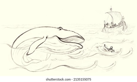 Scare Fear Horror Jew Male Save Life Drown Death Hand Drawn Wild Giant Big Huge Live Beast Open Jaw Israelite Human Die Scene View. Hebrew Tale Pray God Depth Cartoon Black Sketch Retro Art White Sky