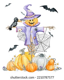Scarecrow  bats  spiders  cobwebs  pumpkins  plants  watercolor cartoon  style clipart  for Halloween  an isolated background 