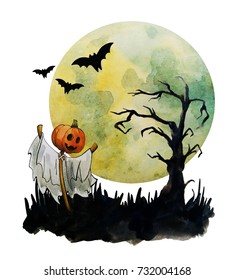 Scarecrow in the dense forest, halloween, hand drawn watercolor illustration