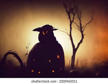 Scarecrow And His Scary Silhouette, Eyes Of Fire Planted In A Pumpkin Patch On Halloween Night, 3D Rendering