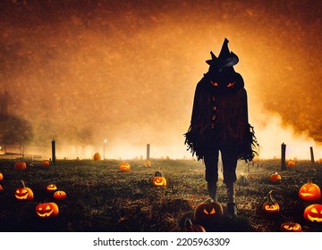 Scarecrow In A Jack-o'-lantern Pumpkin Patch On Halloween Night Full Of Demons And Ghosts, 3D Rendering