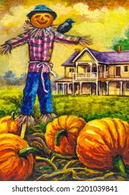 Scarecrow   pumpkin patch  Country landscape and farm barn  Autumn decorations Halloween Thanksgiving day  Watercolor painting  Acrylic drawing art  A piece art 