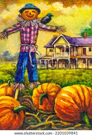 Scarecrow and pumpkin patch. Country landscape with farm barn. Autumn decorations on Halloween or Thanksgiving day. Watercolor painting. Acrylic drawing art. A piece of art.
