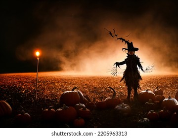 Scarecrow And Its Scary Silhouette Planted In A Pumpkin Patch On Halloween Night, 3D Rendering