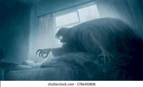 Scared boy seeing and facing horror crawling ghost above him at dark and quiet night, creepy nightmare concept. Digital painting in my imagination, illustration art. 