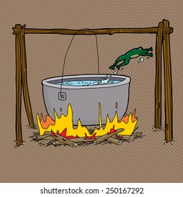 Scared Frog Jumping Out Of Boiling Water In Bonfire