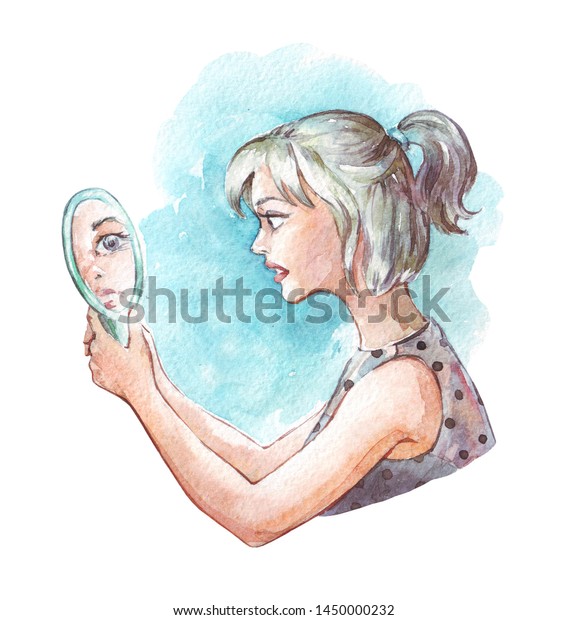 Scared Girl Looking Mirror Watercolor Art Stock Illustration