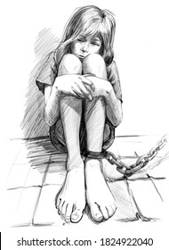 Scared Kid With Leg In Chains. Anti Human Trafficking Campaign. Black And White Pencil Drawing Style Illustration