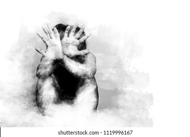 Scared Man Lift Hand Up For Say Stop, To Protect Himself. Anti Human Trafficking Campaign. Black And White Color Painting Brush Style With Copy Space For Campaign Poster Or Flyer