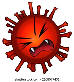 Scared Sneezing Influenza Cartoon Virus Icon. Angry Red Coronavirus Isolated Illustration. Sars Virion Symbol On White Background. Flu Pandemic Image. Annoyed Covid-19 Virus Particle Emoticon