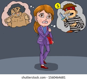 Scared Woman Walking Alone At Night Imagining A Thief And A Rapist. Vector Illustration.