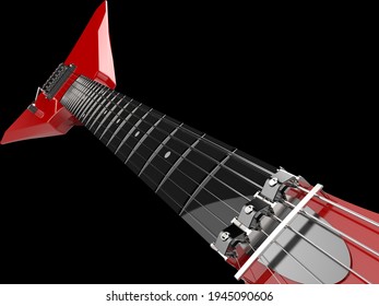 Scarlet red heavy metal electric guitar - closeup shot on the frets - 3D Illustration