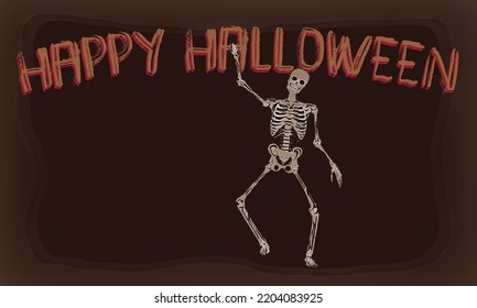 Scary Background With A Hanging Skeleton. Happy Halloween - Greeting Card, Poster And Wallpaper.