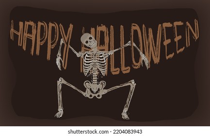 Scary Background With A Skeleton. Happy Halloween - Greeting Card, Poster And Wallpaper.