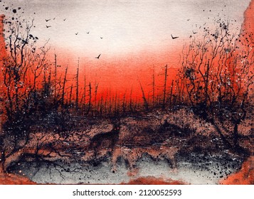 Scary Black Wolf In The Dead Woods. Demon In The Dark Forest. Creepy Horror Watercolor Art. High Quality Illustration