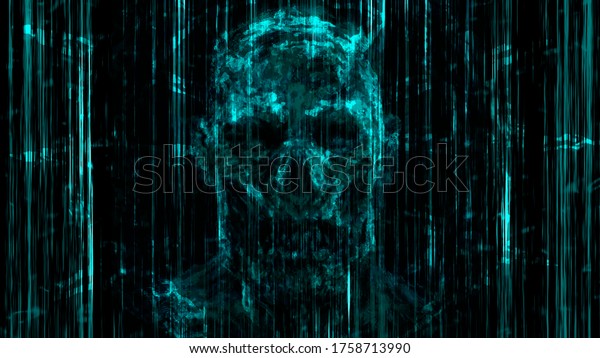 Scary blue neon skull\
abstraction from debris and vertical lines. Illustration in genre\
of horror.