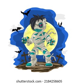 Scary cartoon mummy against the background flying bats  moon   crosses  Colorful illustration the theme Halloween 