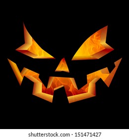 Scary Carved Jack O Lantern Halloween Pumpkin Face Glowing Flaming Interior Smiling Evil Spooky Fire Flaming Interior Burning Golden Orange Horror Specter Creepy Haunted Eyes Laughing In Black Night