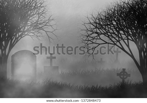 草原 十字架 墓地 霧 不気味な木のある 不気味な森のイラストハロウィーンのコンセプトデザイン背景に怖い墓地 のイラスト素材