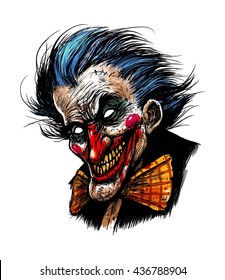 Scary clown in jakcet with blood drops on the face. color illustration on white background