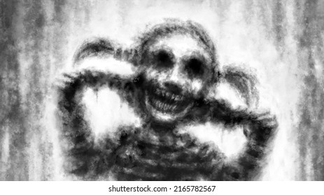 Scary demon girl laughs. Angry undead screams. Spooky illustration in horror fantasy genre. Creepy zombie apocalypse. Gloomy character concept art. Apocalyptic doomsday theme. Coal and noise effect.