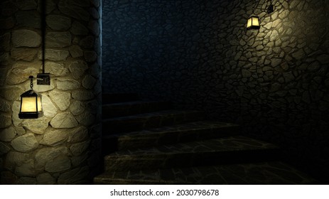 Scary dungeon spiral staircase with stone walls and old lamps. 3d rendering