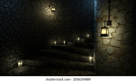 scary dungeon staircase. Rock walls, old lamps and candles. 3d rendering.