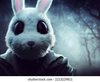 Scary Easter Bunny With Big Black Eyes In The Forest. Very Nice Digital Illustration That Works Well For A Horror Inspired Easter.