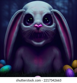 Scary Easter Bunny With Creepy And Evil Horror Eyes Protecting The Easter Eggs.