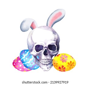 Scary Easter Design - Skull With Bunny Ears And Colored Eggs. Watercolor Funny Illustration With Creepy Dead Human Head